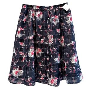 Halogen Skirt Navy Pink‎ NWT Cocktail Floral Grid Sheer Overlay Women 10P